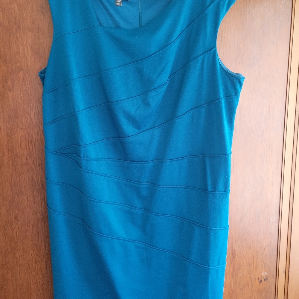 Roz & Ali Teal Asymmetrical Neck Dress 20W GUC